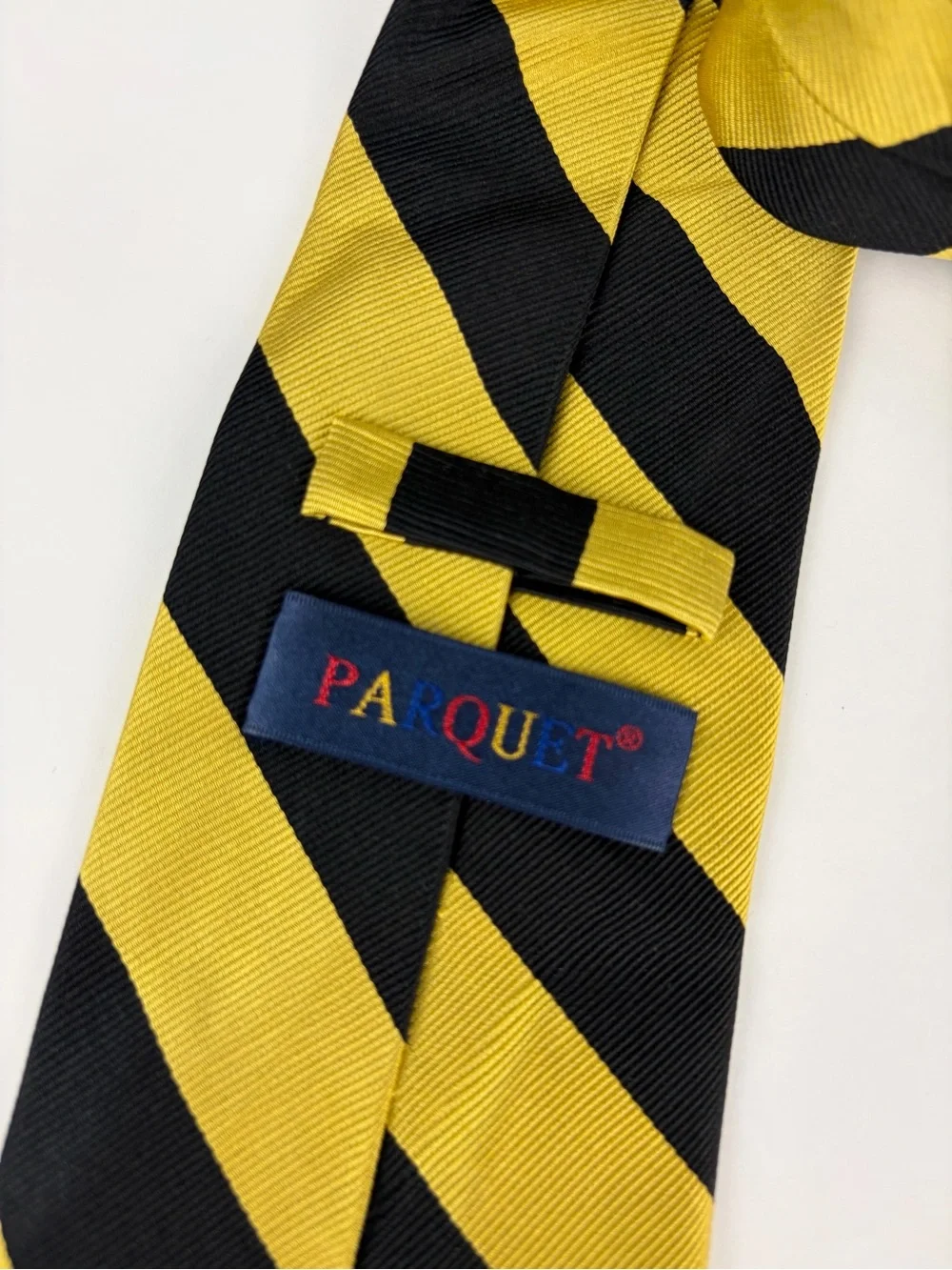 Parquet Silk Gold Yellow Black Striped Hand Made Neck Tie